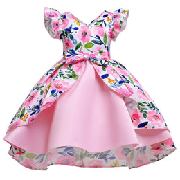 Girls Pink Floral Printed Flutter Sleeves Layered Bow Cotton Fit & Flare Dress