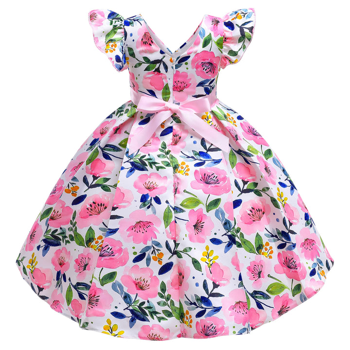 Girls Pink Floral Printed Flutter Sleeves Layered Bow Cotton Fit & Flare Dress