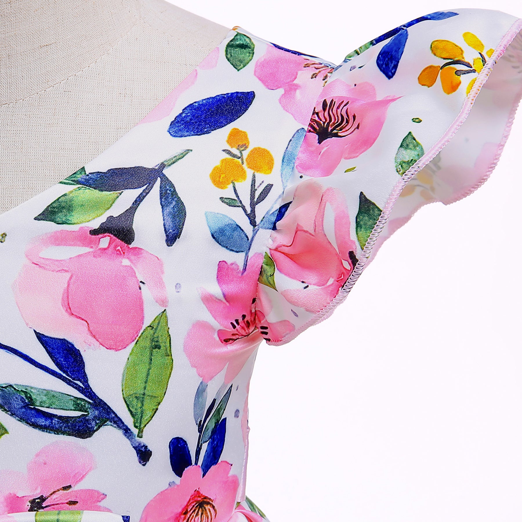 Girls Pink Floral Printed Flutter Sleeves Layered Bow Cotton Fit & Flare Dress