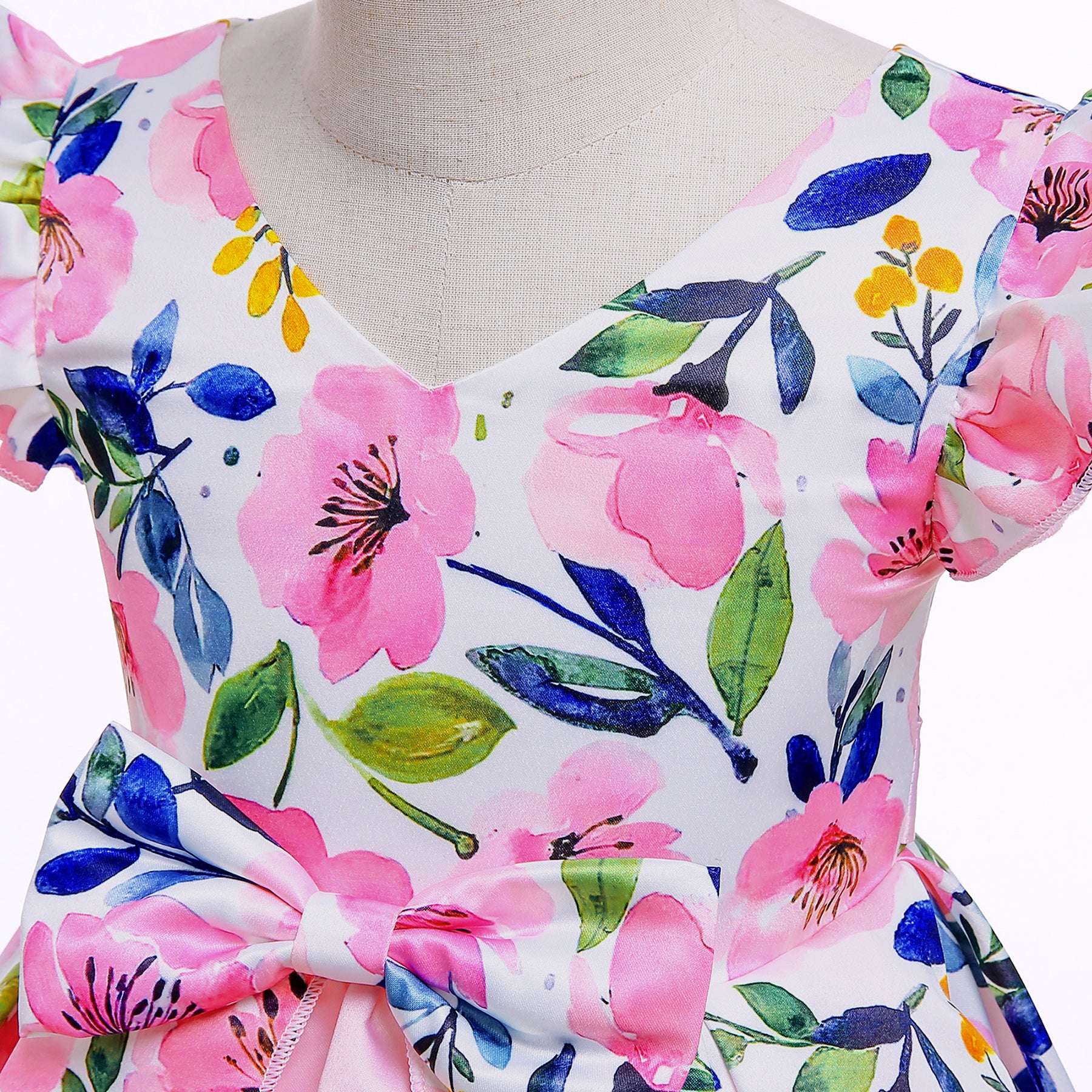 Girls Pink Floral Printed Flutter Sleeves Layered Bow Cotton Fit & Flare Dress
