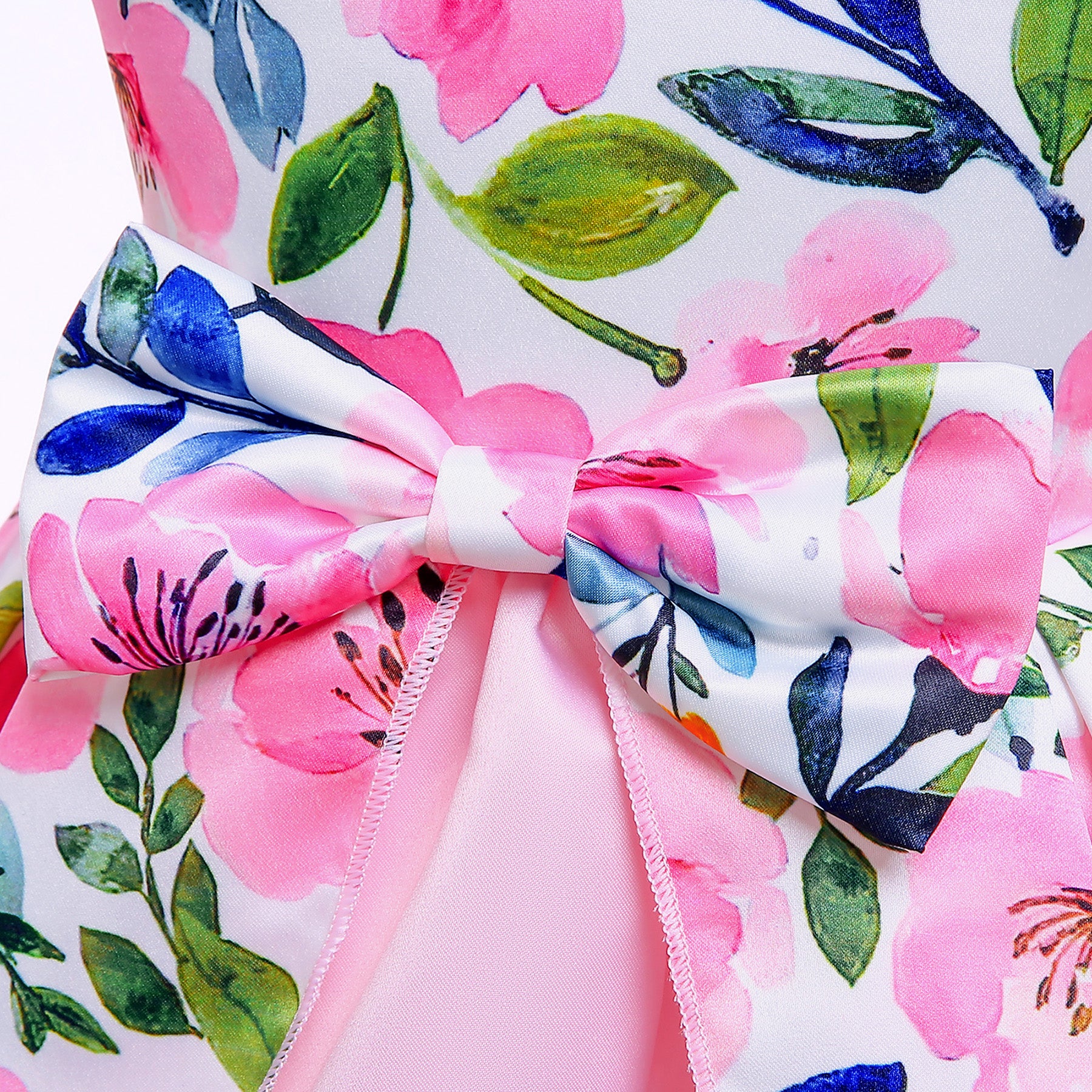 Girls Pink Floral Printed Flutter Sleeves Layered Bow Cotton Fit & Flare Dress