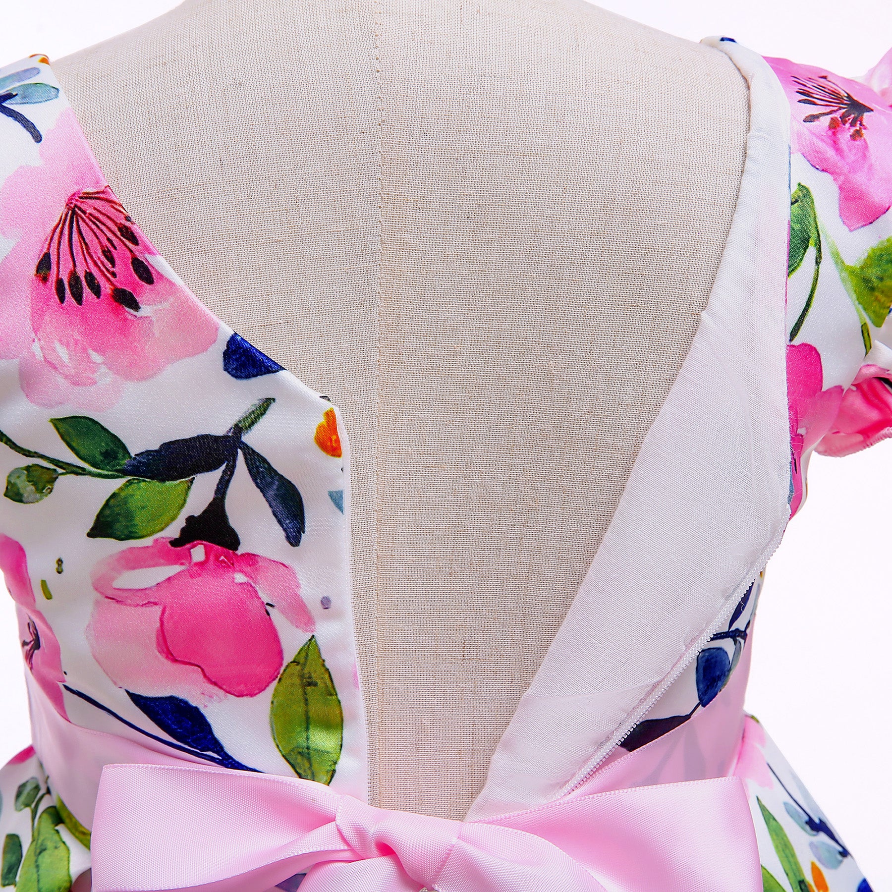 Girls Pink Floral Printed Flutter Sleeves Layered Bow Cotton Fit & Flare Dress