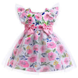 Girls Floral Printed Flared Sleeves Net Fit & Flare Dress