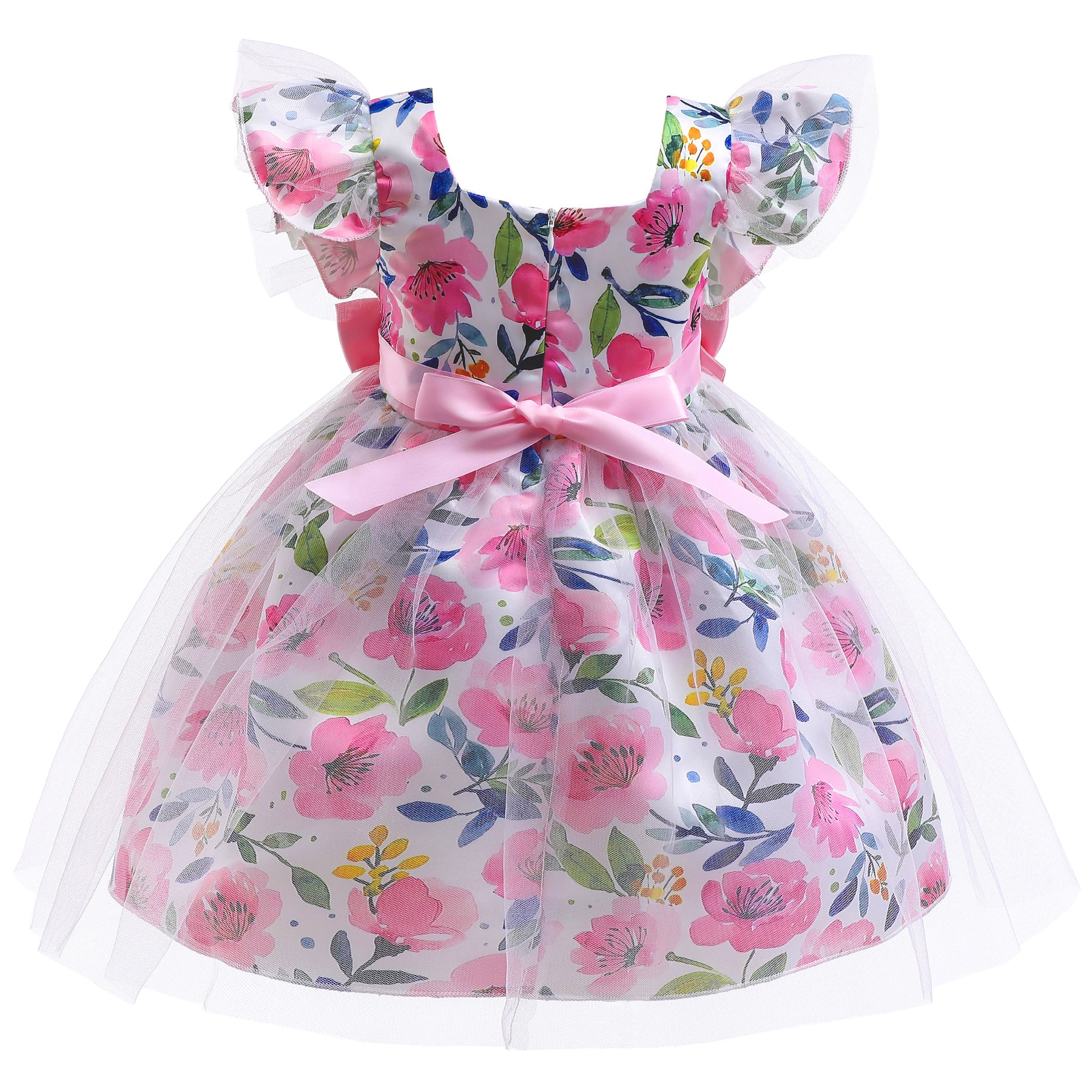 Girls Floral Printed Flared Sleeves Net Fit & Flare Dress