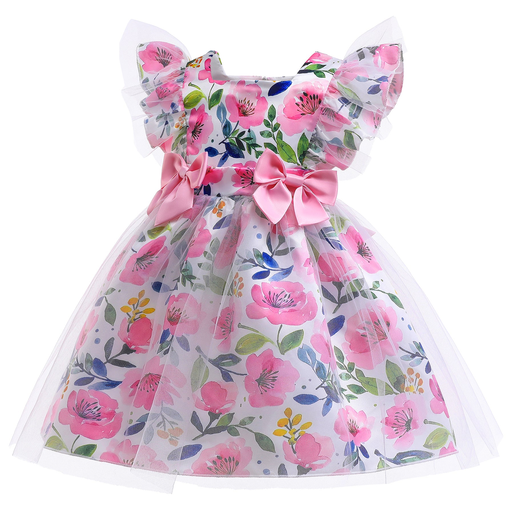 Girls Floral Printed Flared Sleeves Net Fit & Flare Dress
