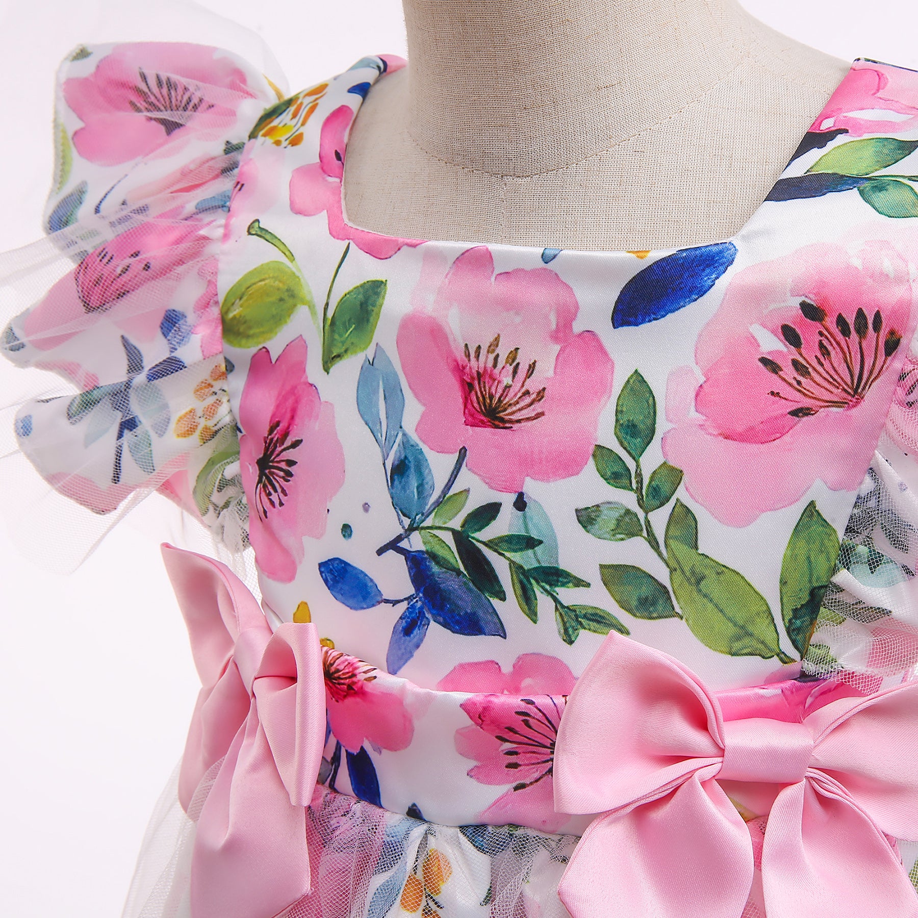 Girls Floral Printed Flared Sleeves Net Fit & Flare Dress