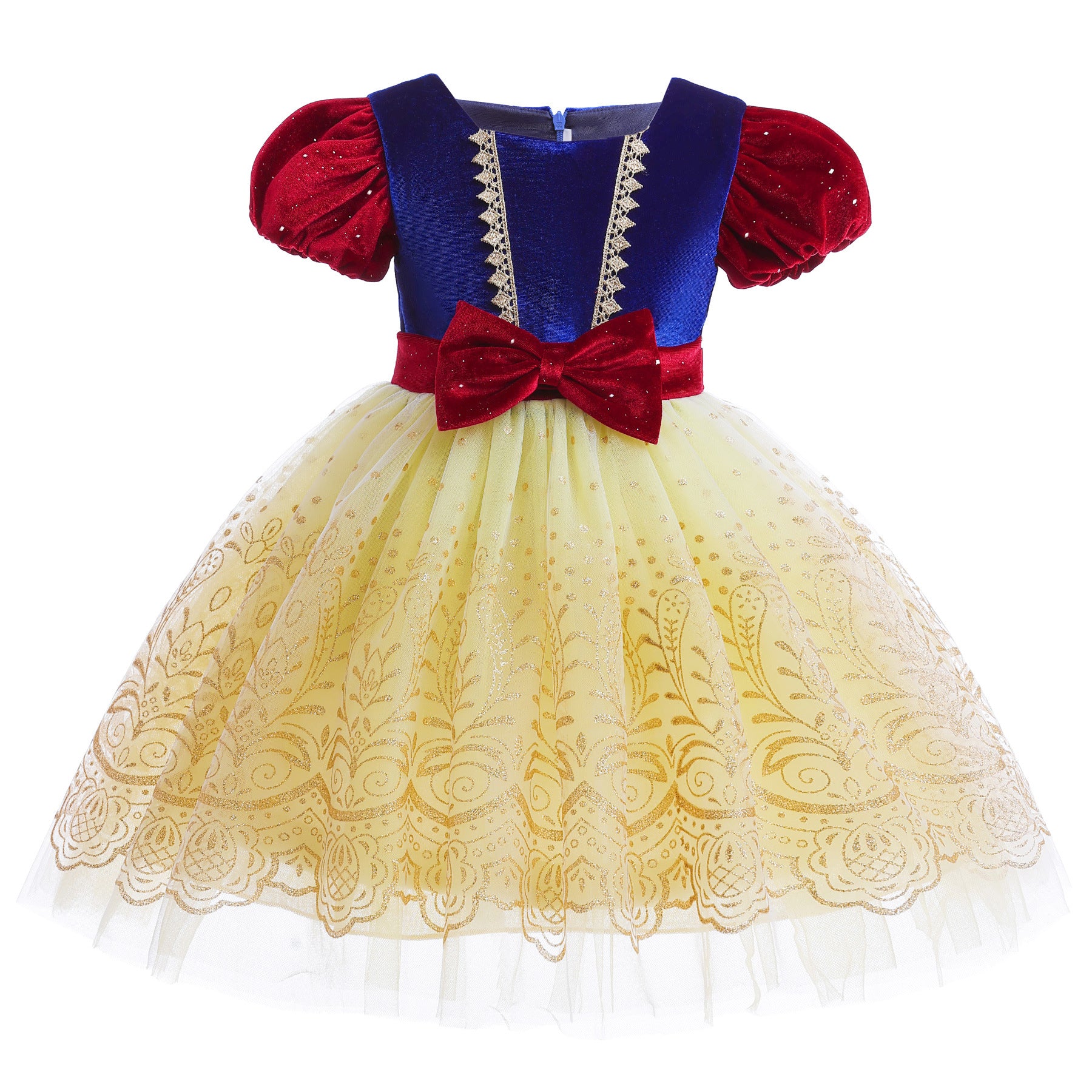 Girls Yellow Cotton Puff Sleeve Applique Fit & Flare Dress