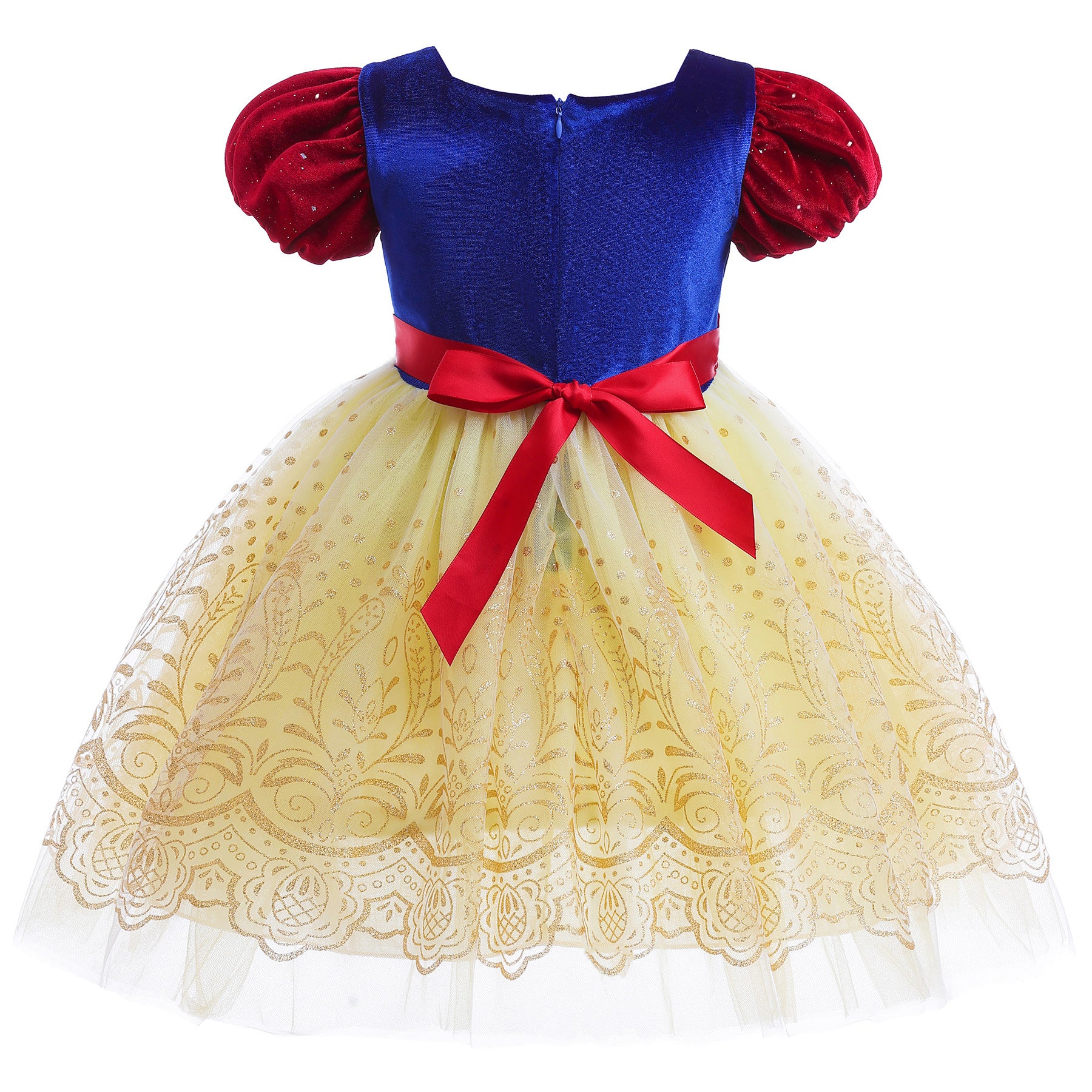 Girls Yellow Cotton Puff Sleeve Applique Fit & Flare Dress