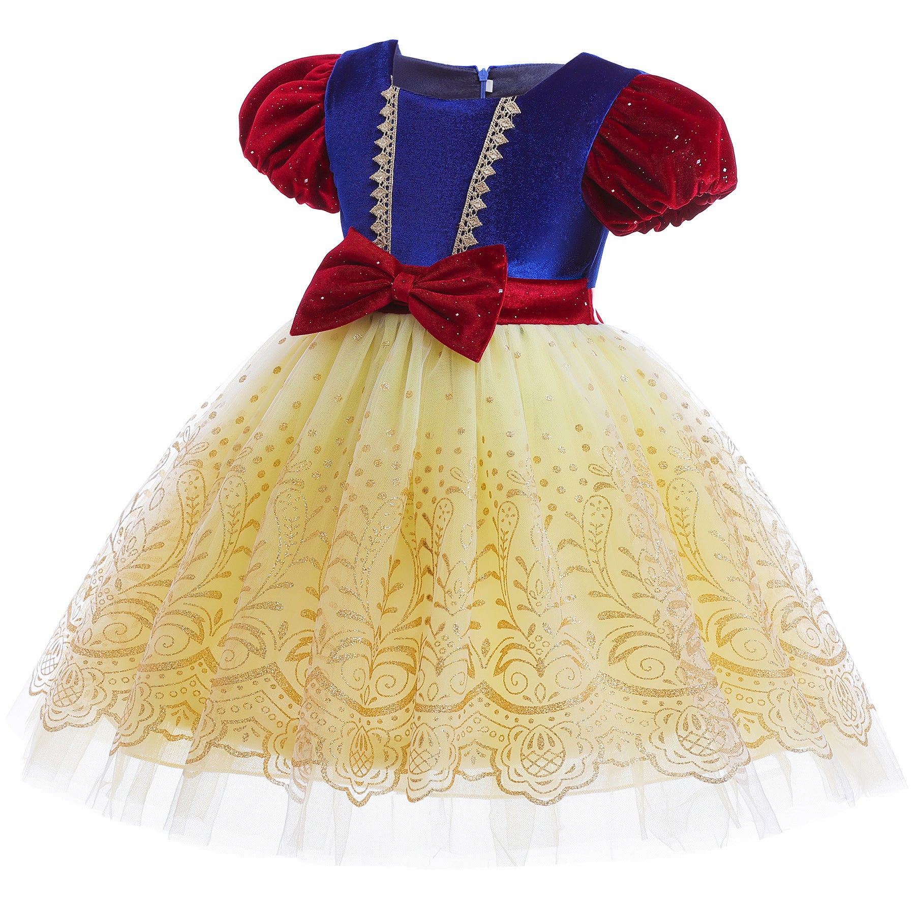 Girls Yellow Cotton Puff Sleeve Applique Fit & Flare Dress