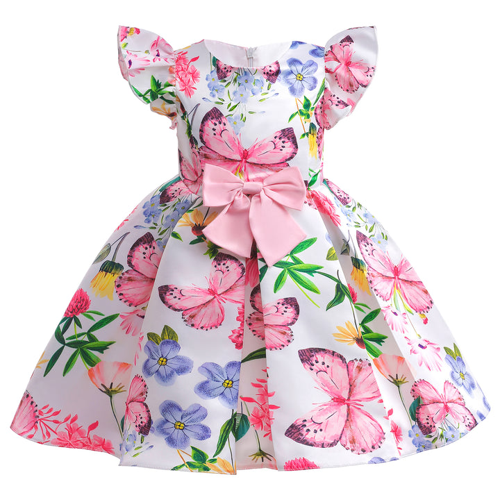 Girls Pink & White Floral Printed Balloon Dress