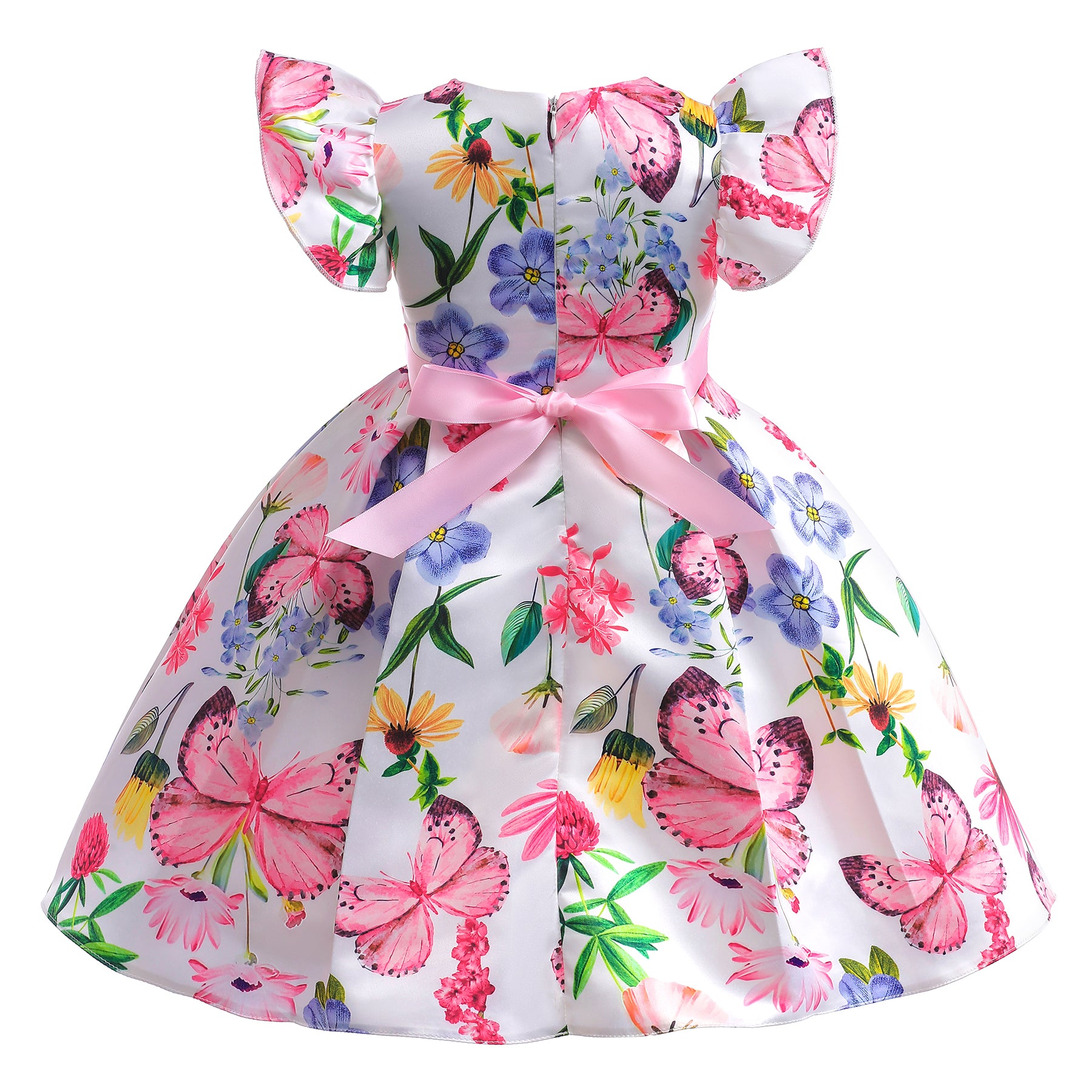 Girls Pink & White Floral Printed Balloon Dress