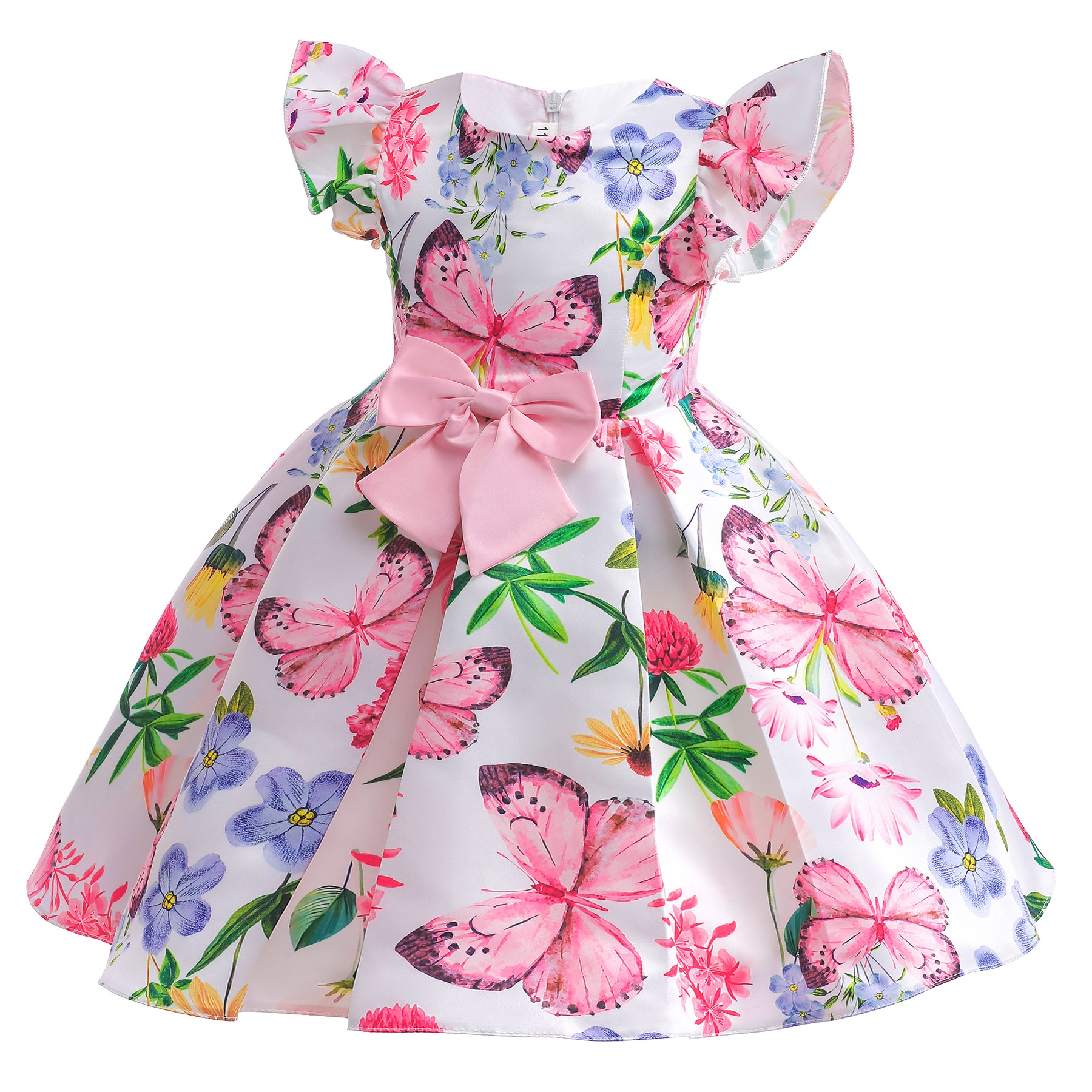 Girls Pink & White Floral Printed Balloon Dress