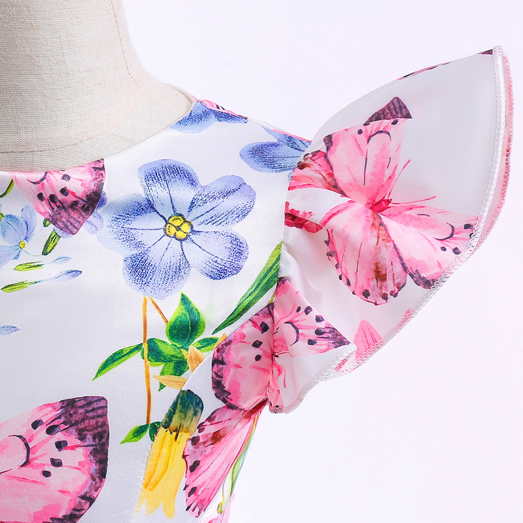 Girls Pink & White Floral Printed Balloon Dress