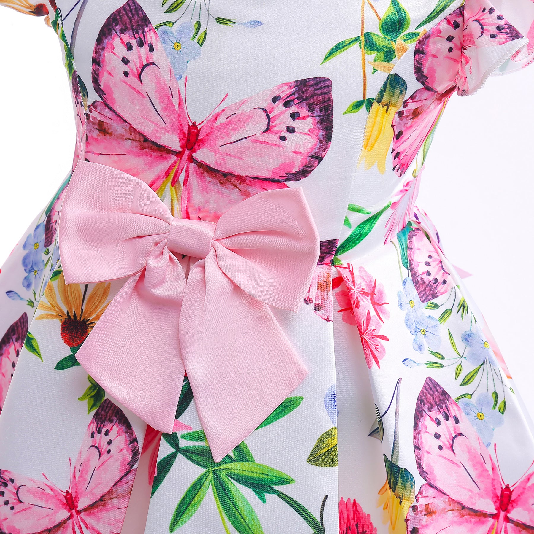 Girls Pink & White Floral Printed Balloon Dress