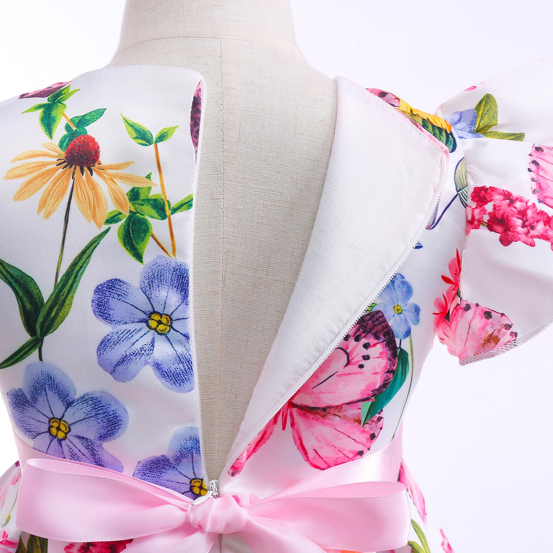 Girls Pink & White Floral Printed Balloon Dress