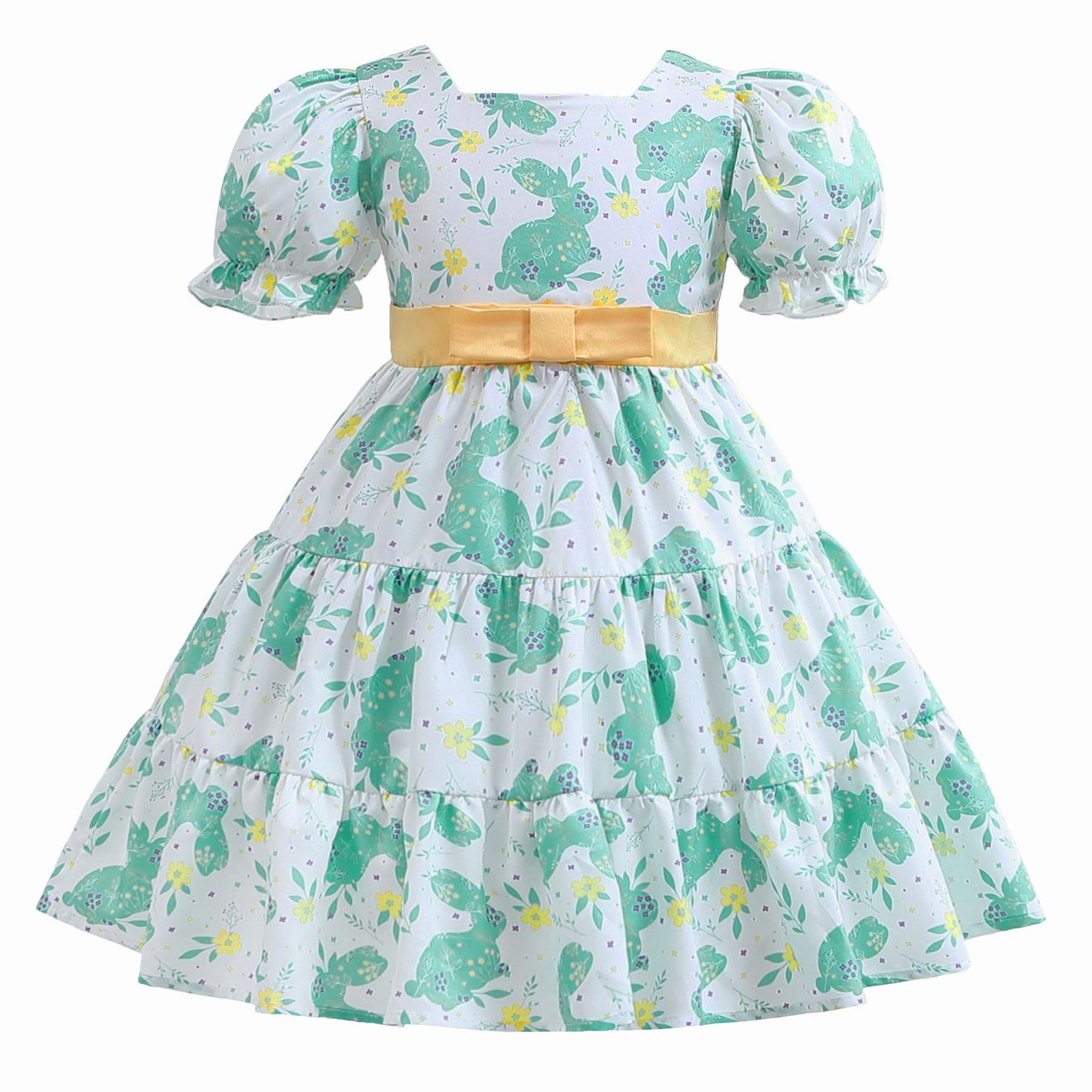 Girls Green Floral Printed Bow Puff Sleeves Tiered Cotton Fit & Flare Dress