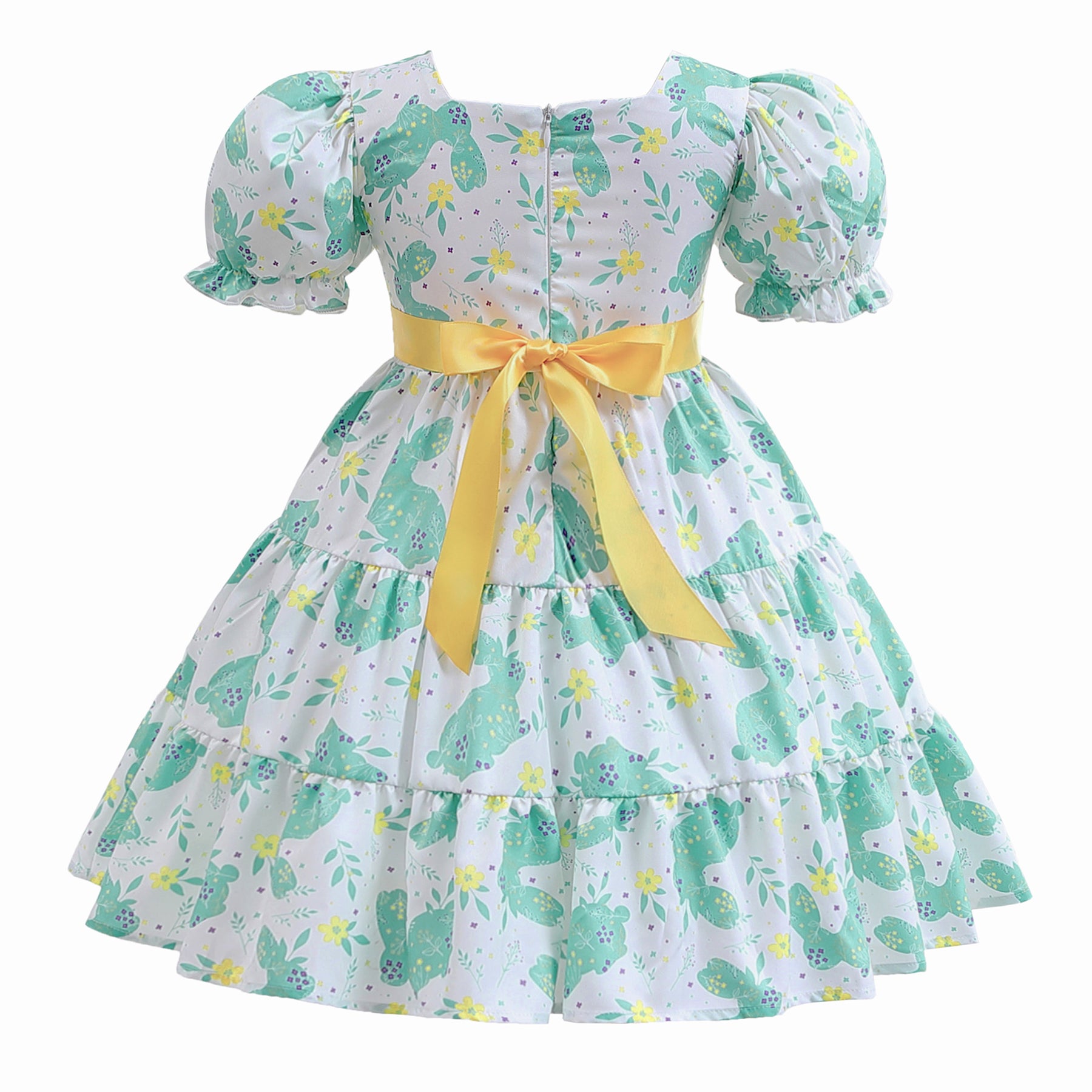 Girls Green Floral Printed Bow Puff Sleeves Tiered Cotton Fit & Flare Dress