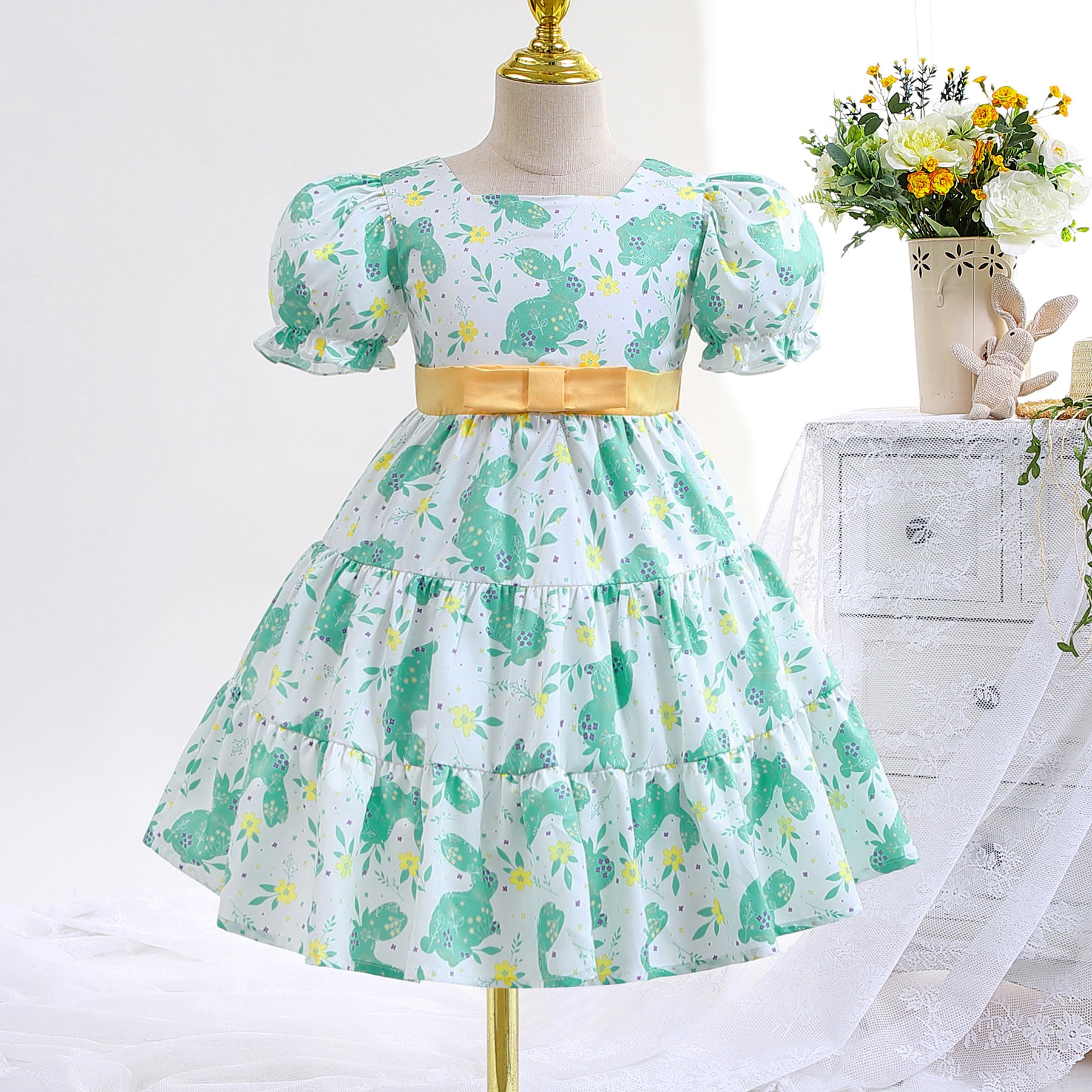 Girls Green Floral Printed Bow Puff Sleeves Tiered Cotton Fit & Flare Dress
