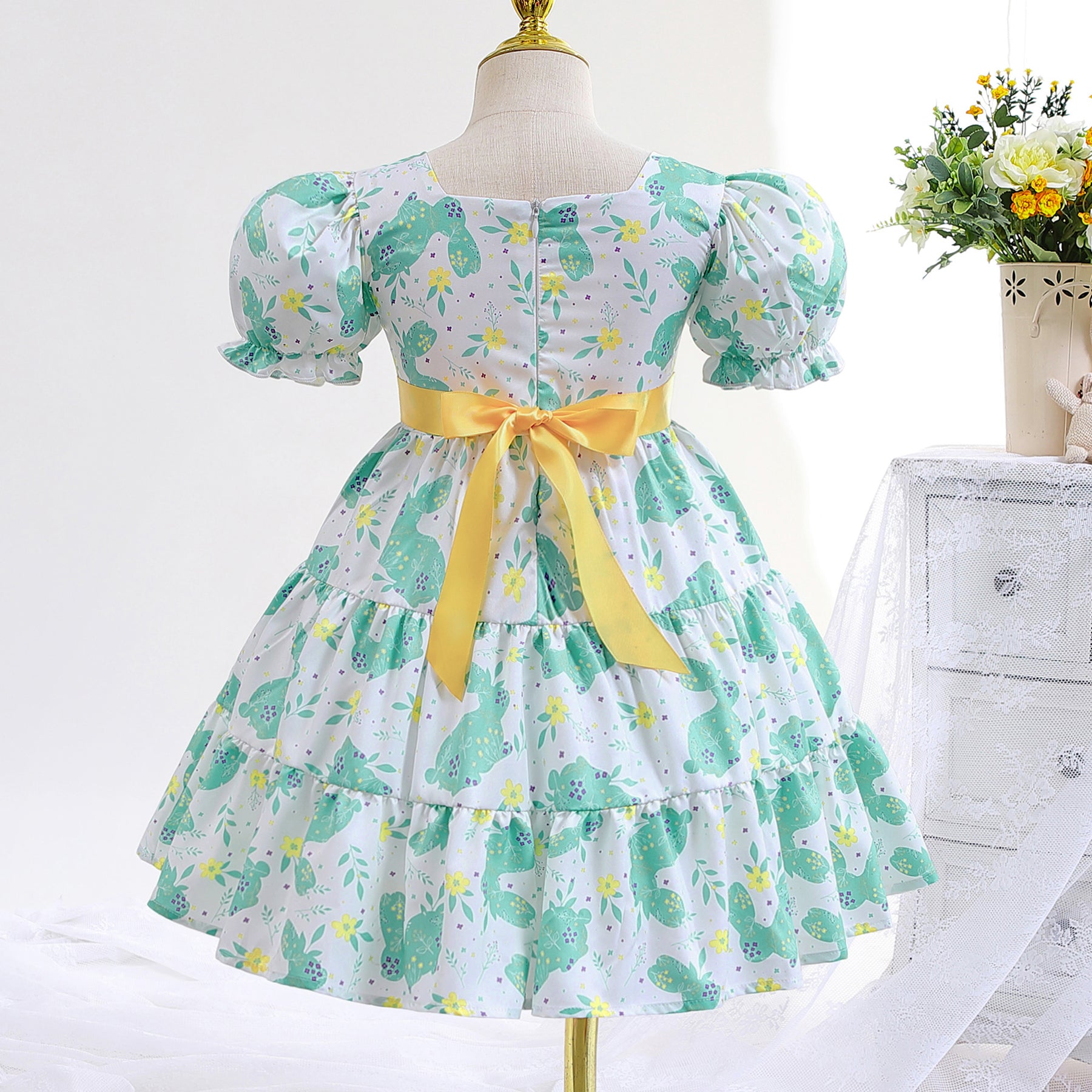 Girls Green Floral Printed Bow Puff Sleeves Tiered Cotton Fit & Flare Dress