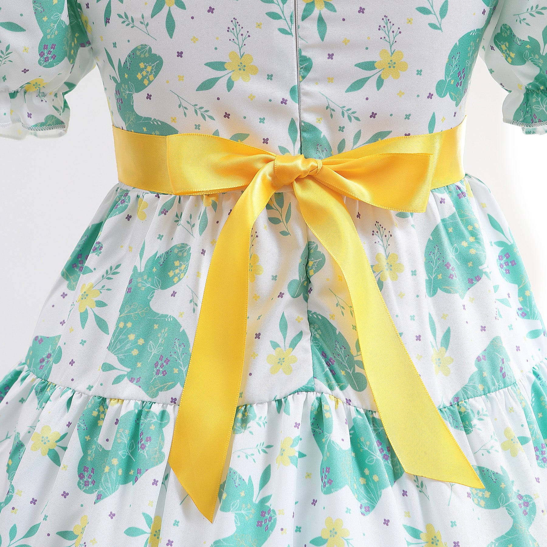 Girls Green Floral Printed Bow Puff Sleeves Tiered Cotton Fit & Flare Dress