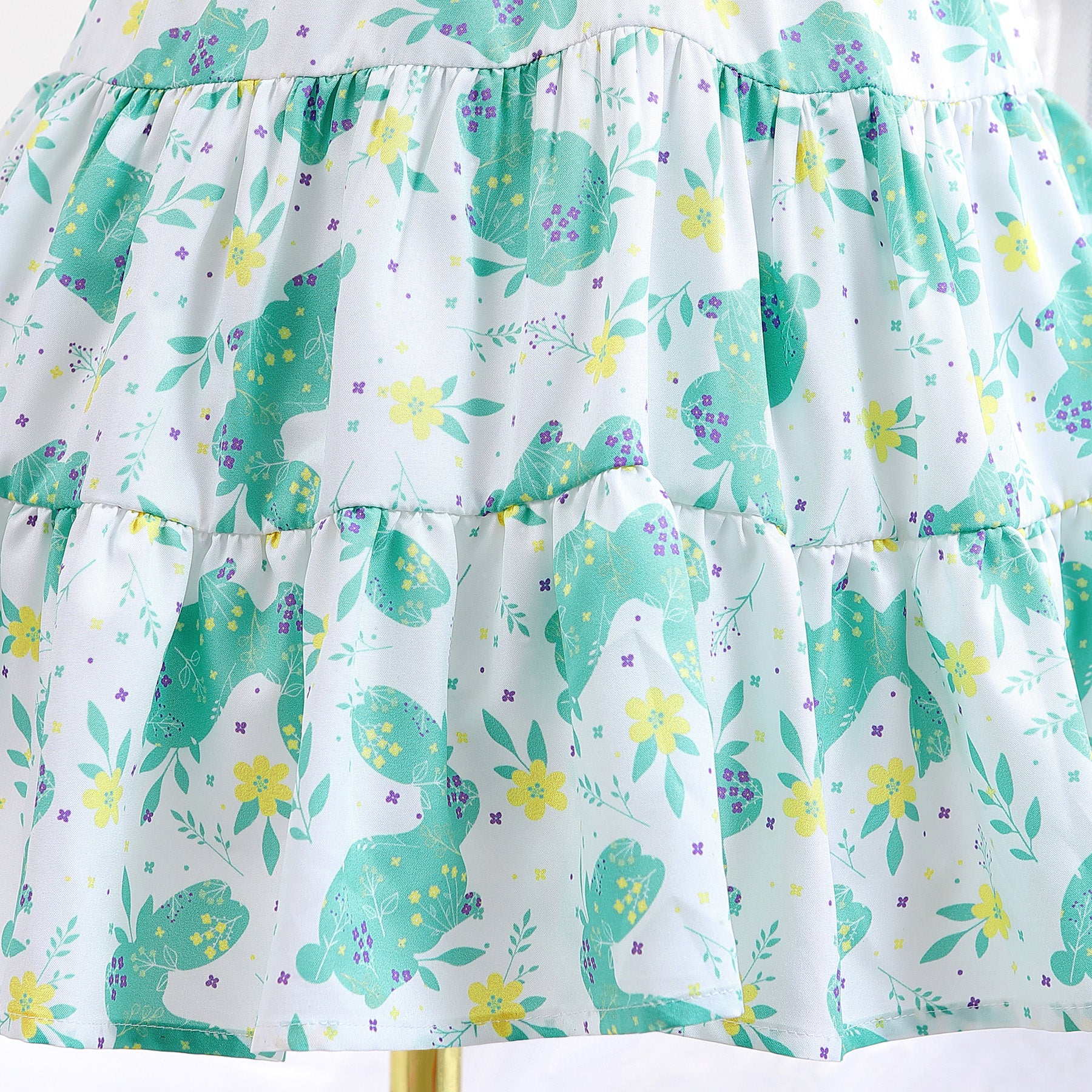 Girls Green Floral Printed Bow Puff Sleeves Tiered Cotton Fit & Flare Dress