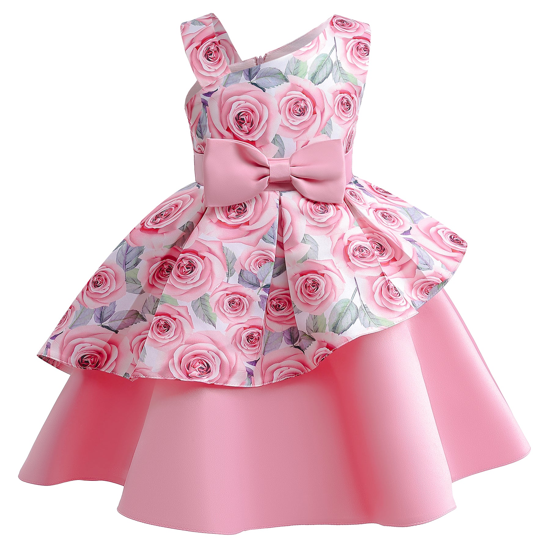 Girls Pink Floral Printed Layered Fit and Flare Dress