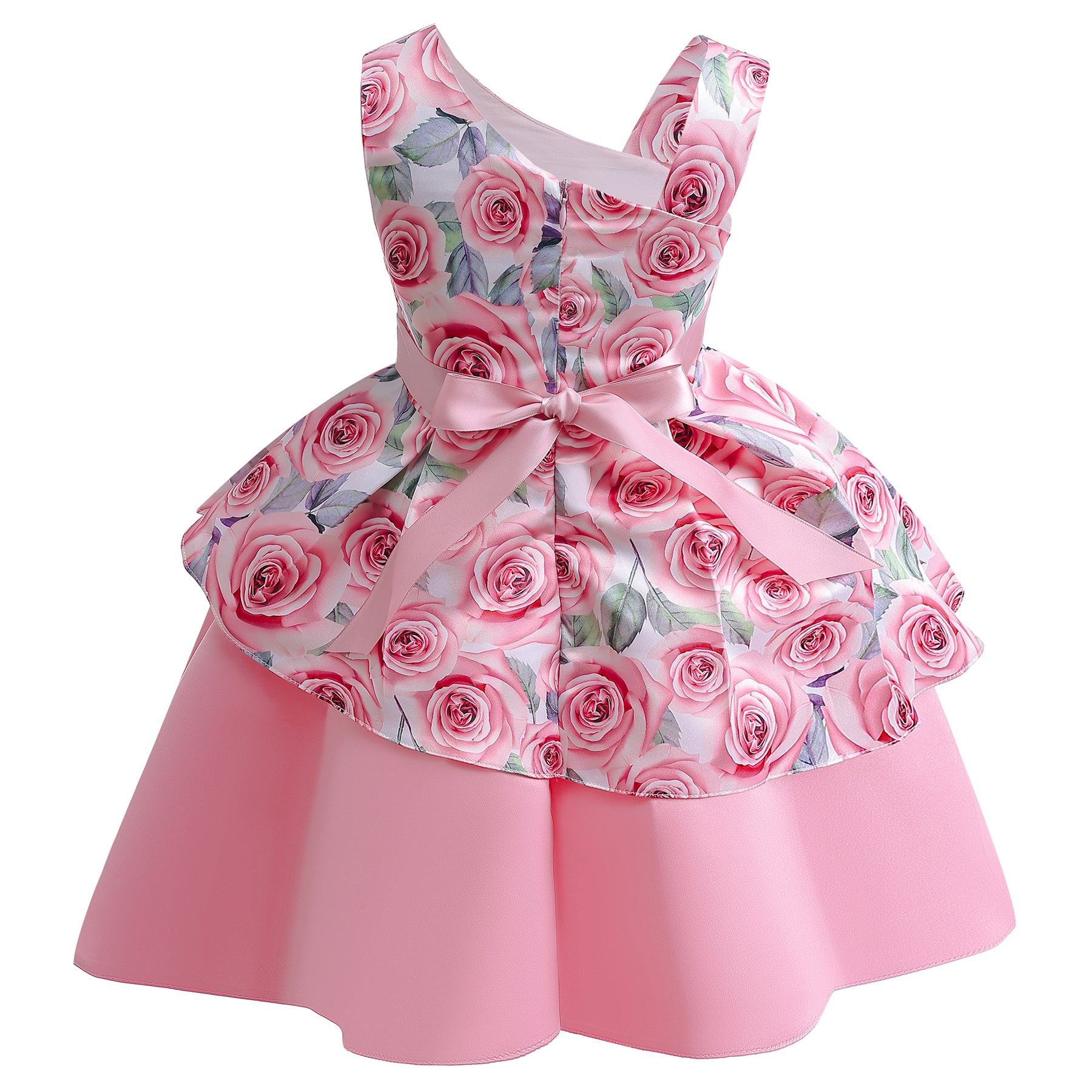 Girls Pink Floral Printed Layered Fit and Flare Dress