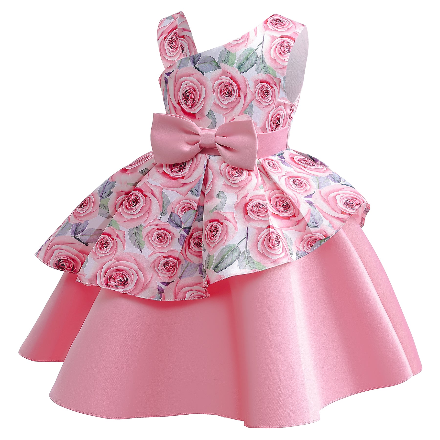 Girls Pink Floral Printed Layered Fit and Flare Dress