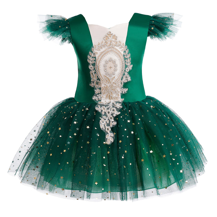 Girls Green Floral Embroidered Sweetheart Neck Fit & Flare Dress