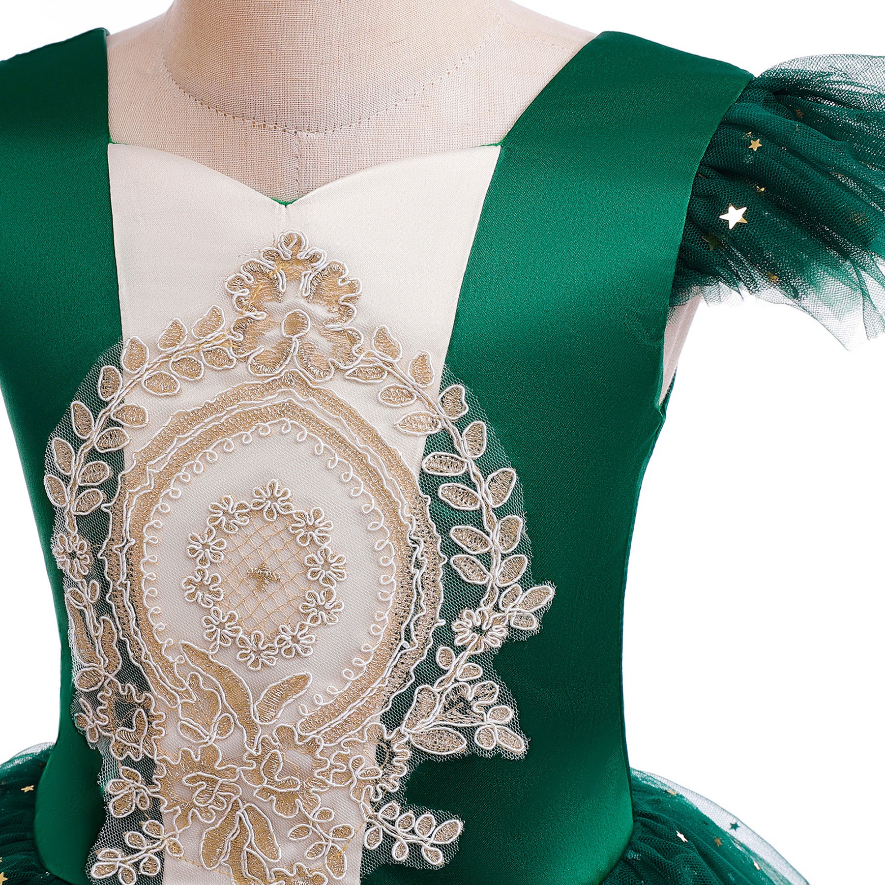 Girls Green Floral Embroidered Sweetheart Neck Fit & Flare Dress