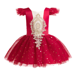 Girls Red Floral Embellished Gathered Detailed Fit & Flare Dress