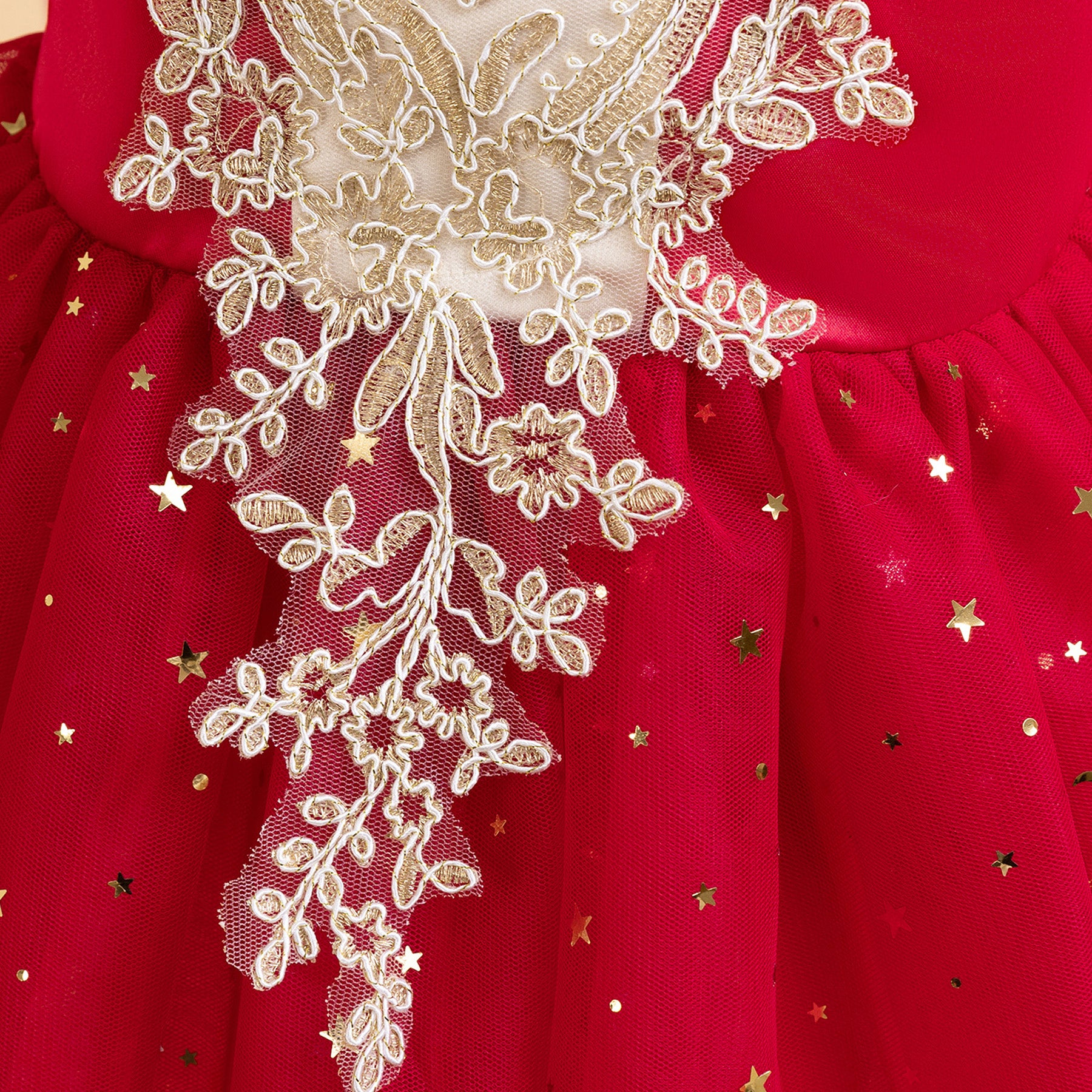 Girls Red Floral Embellished Gathered Detailed Fit & Flare Dress