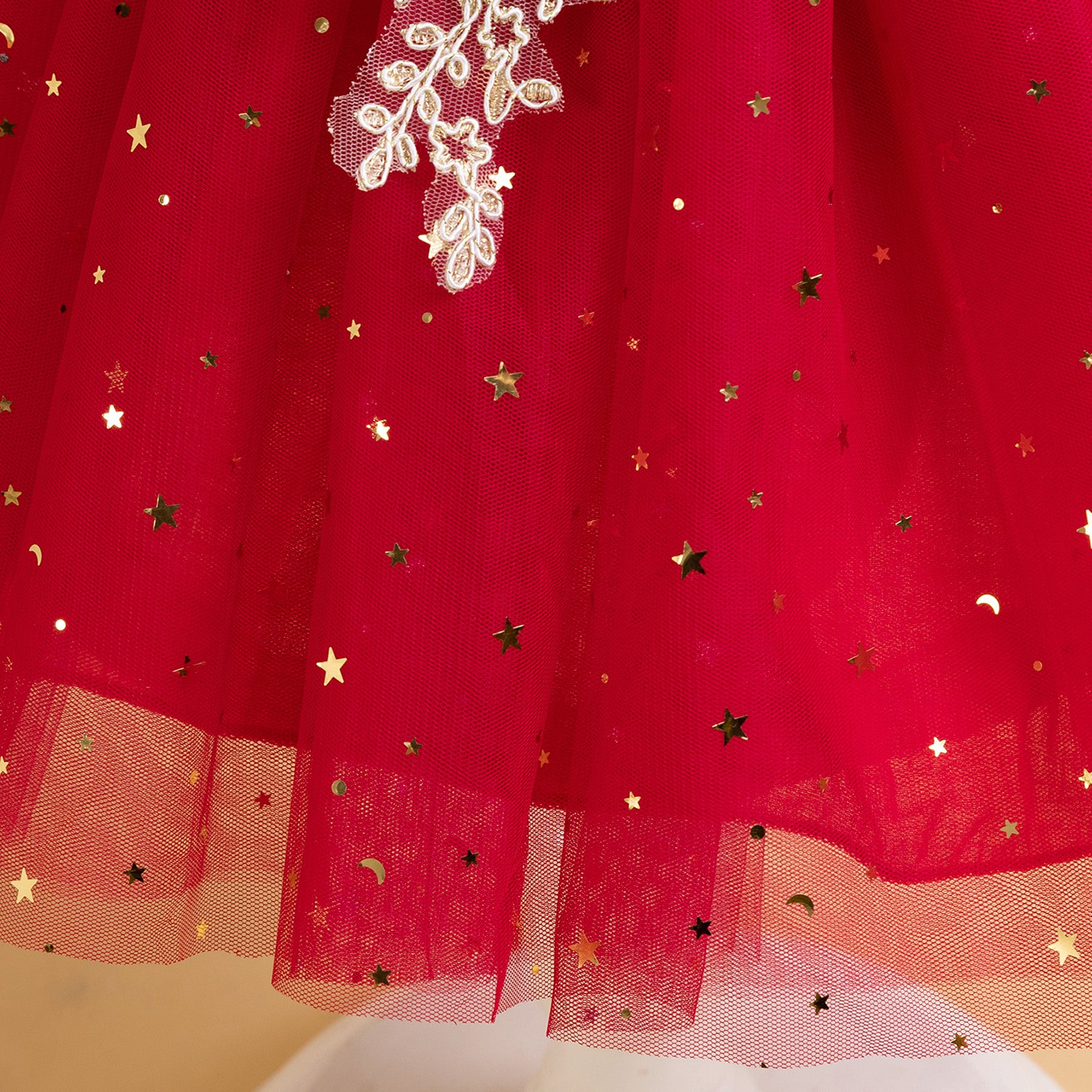 Girls Red Floral Embellished Gathered Detailed Fit & Flare Dress