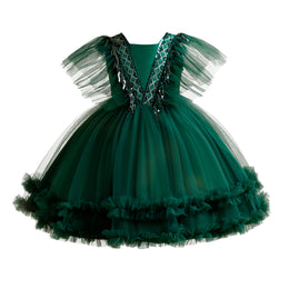 Girls Green Embellished Round Neck Flutter Sleeves Ruffled Balloon Dress