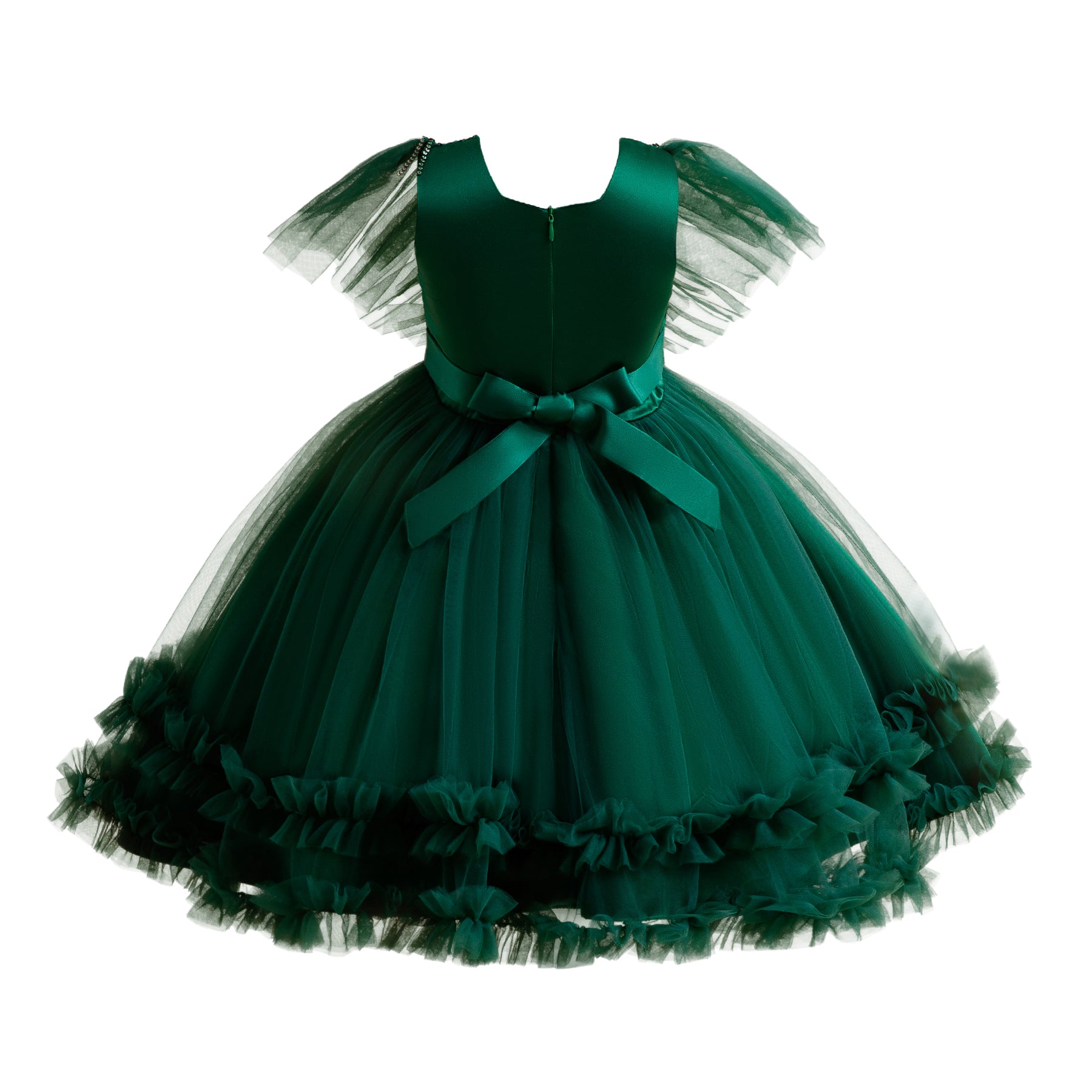 Girls Green Embellished Round Neck Flutter Sleeves Ruffled Balloon Dress