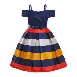 Girls Blue Striped Cold-Shoulder Sleeves Pleated Bow Cotton Fit & Flare Dress
