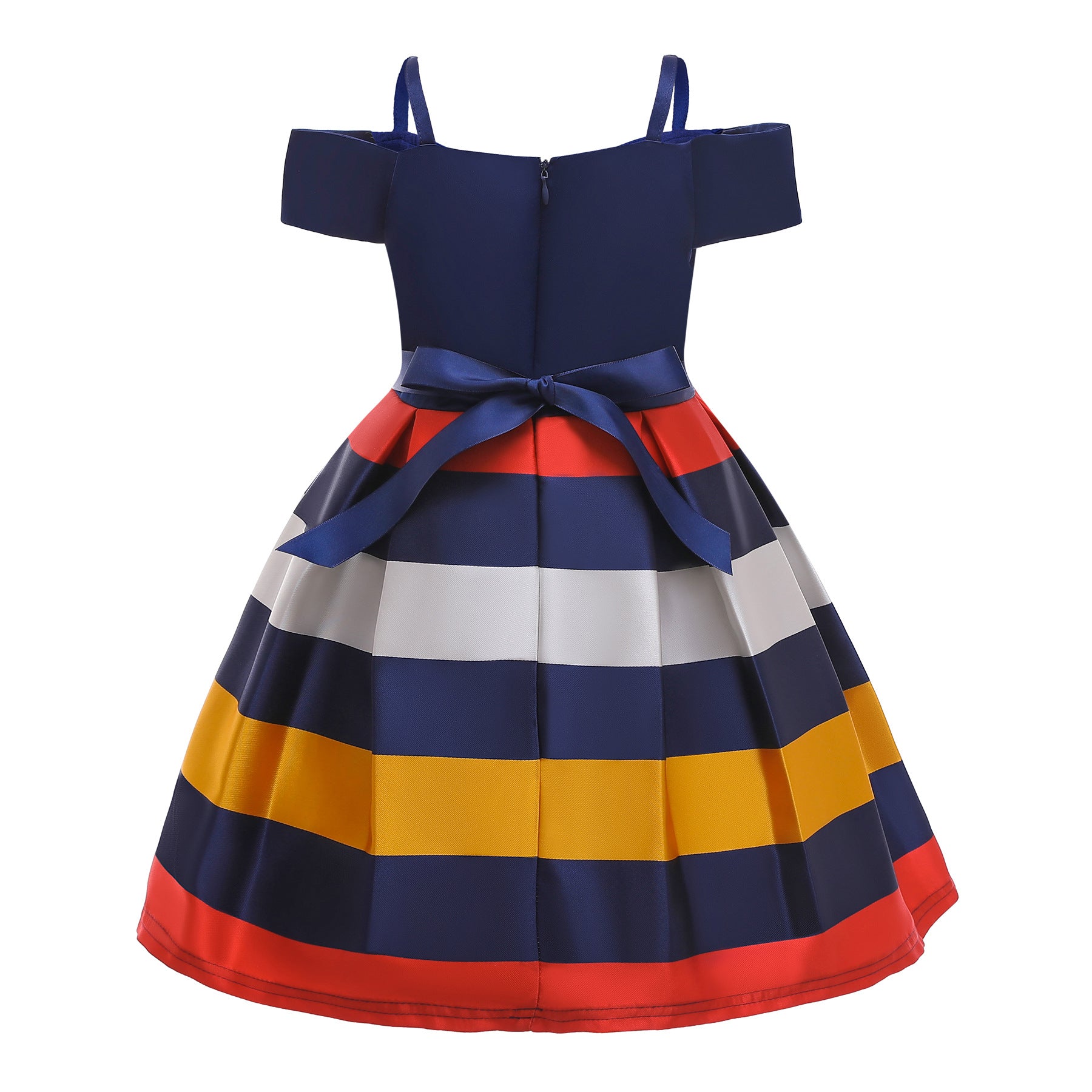 Girls Blue Striped Cold-Shoulder Sleeves Pleated Bow Cotton Fit & Flare Dress