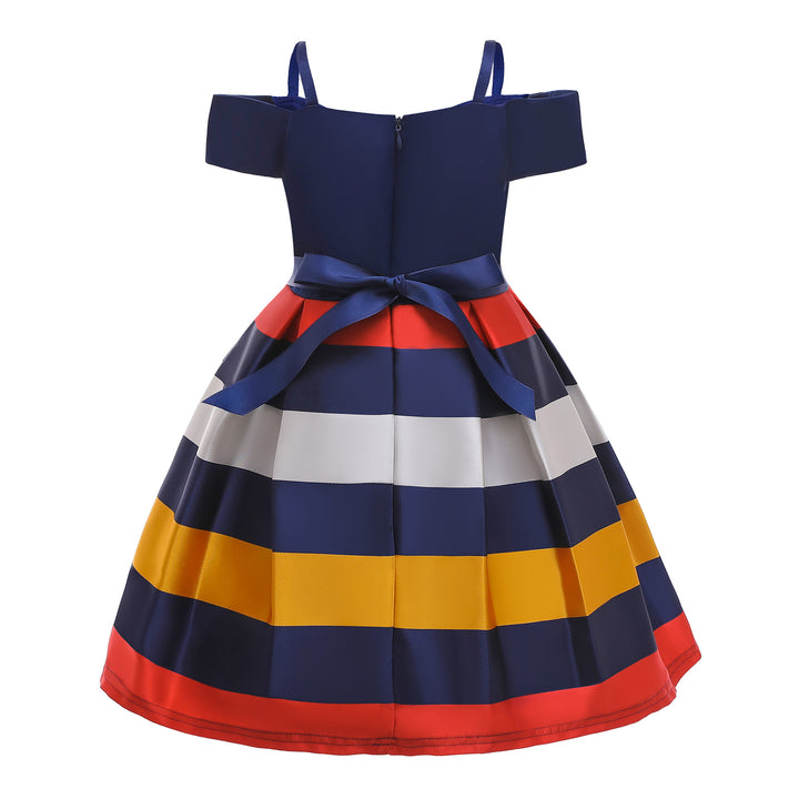 Girls Blue Striped Cold-Shoulder Sleeves Pleated Bow Cotton Fit & Flare Dress