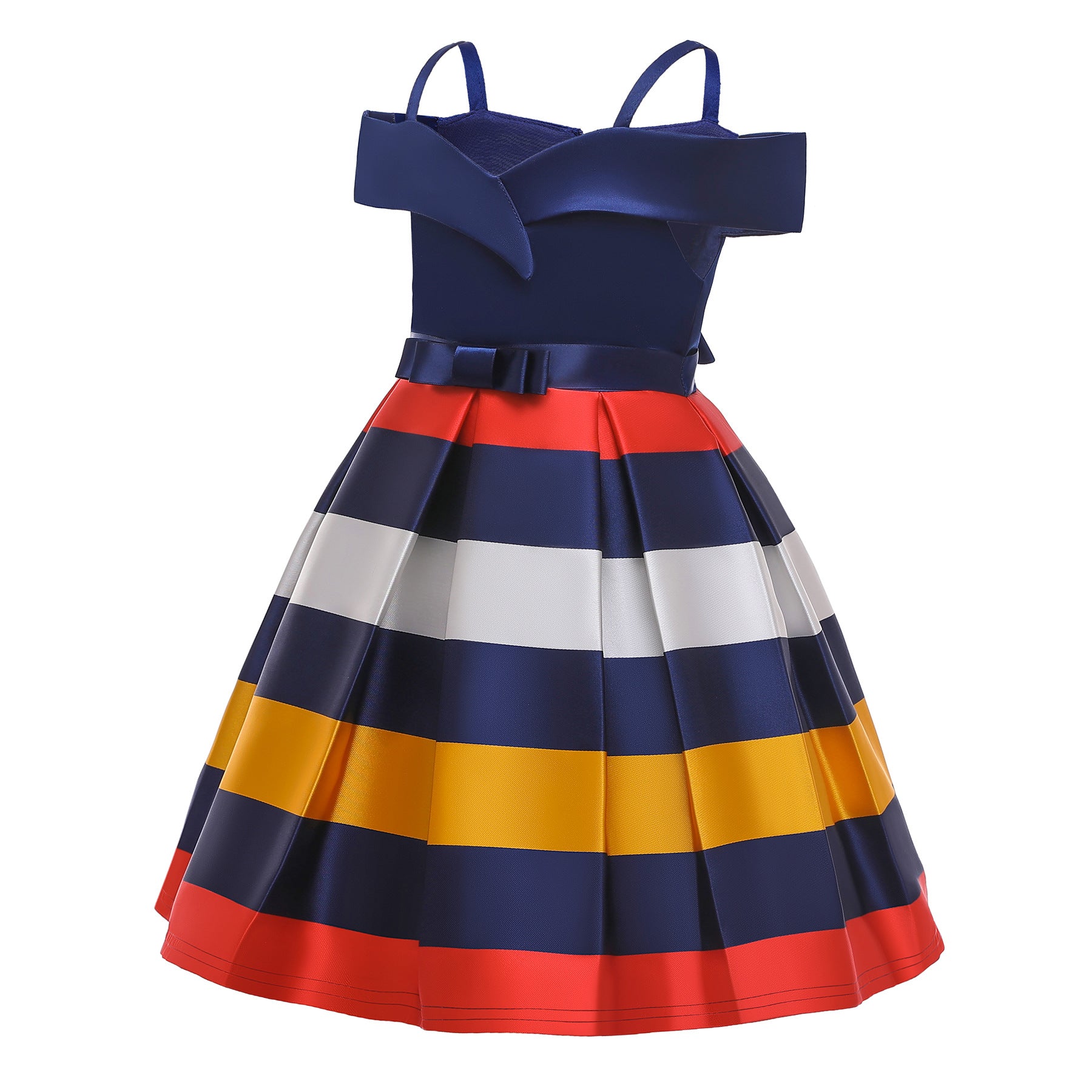 Girls Blue Striped Cold-Shoulder Sleeves Pleated Bow Cotton Fit & Flare Dress