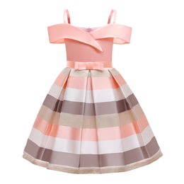 Girls Pink Striped Shoulder Straps Bow Party Balloon Maxi Dress