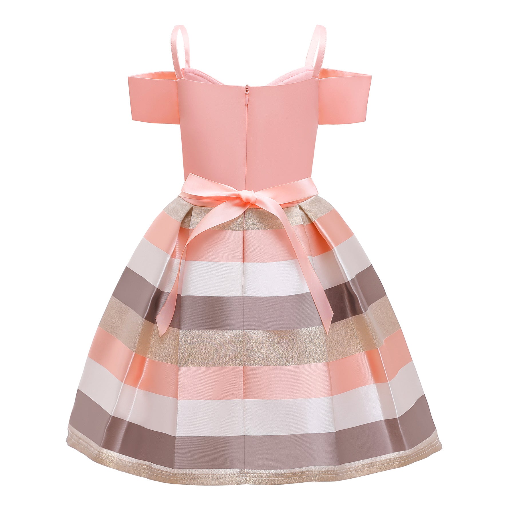 Girls Pink Striped Shoulder Straps Bow Party Balloon Maxi Dress