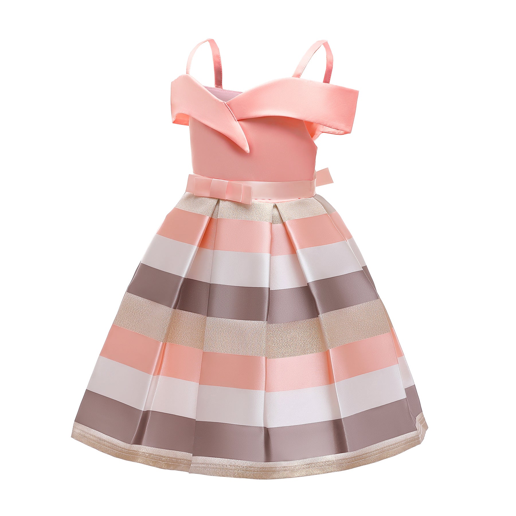 Girls Pink Striped Shoulder Straps Bow Party Balloon Maxi Dress