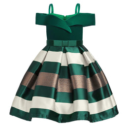 Green & White Striped Shoulder Straps Balloon Dress