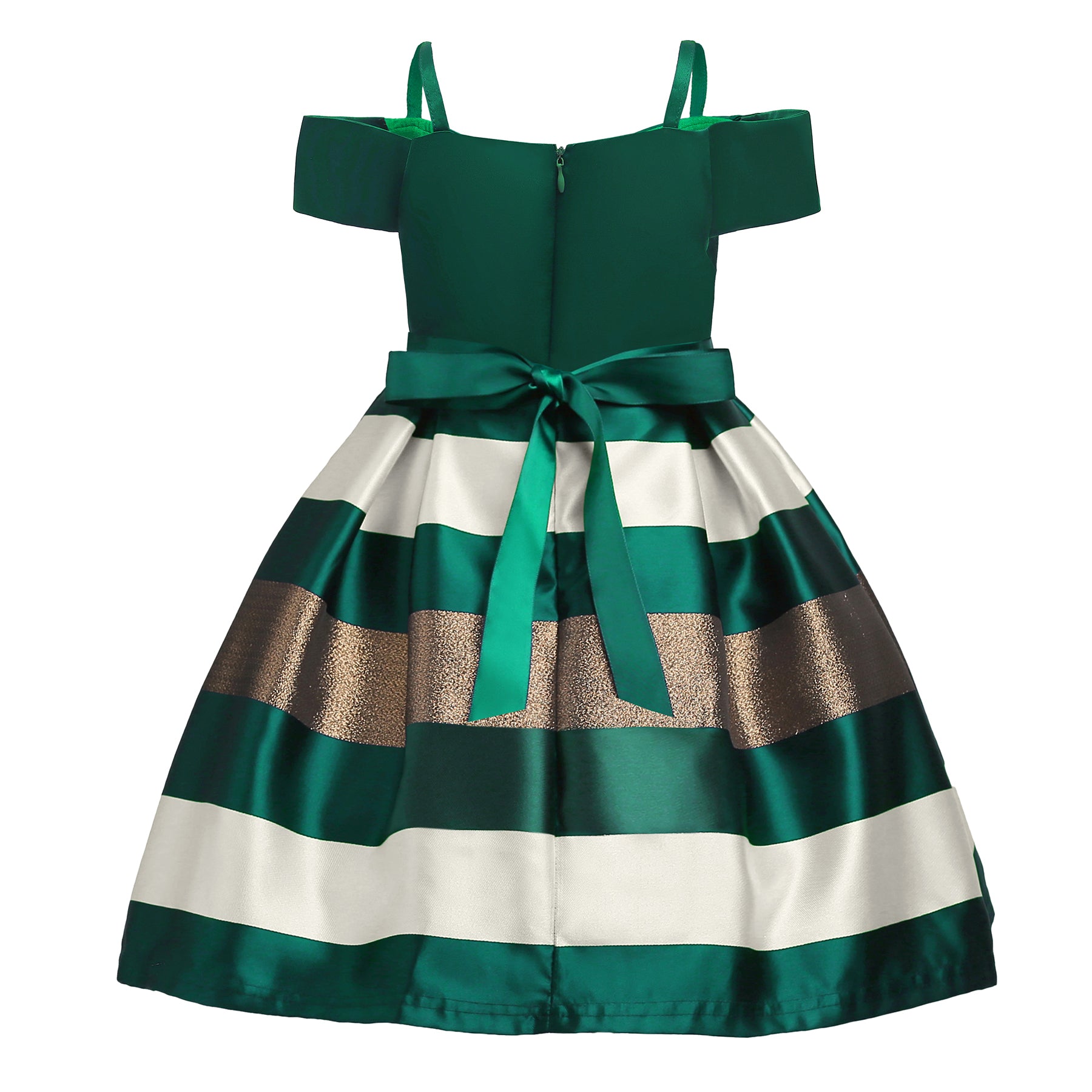 Green & White Striped Shoulder Straps Balloon Dress
