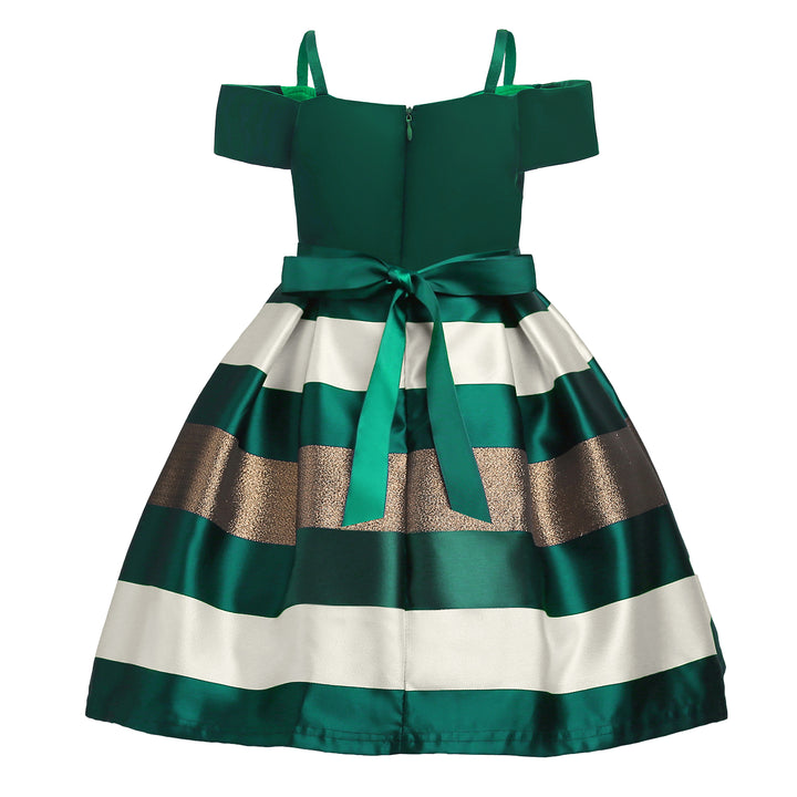 Green & White Striped Shoulder Straps Balloon Dress