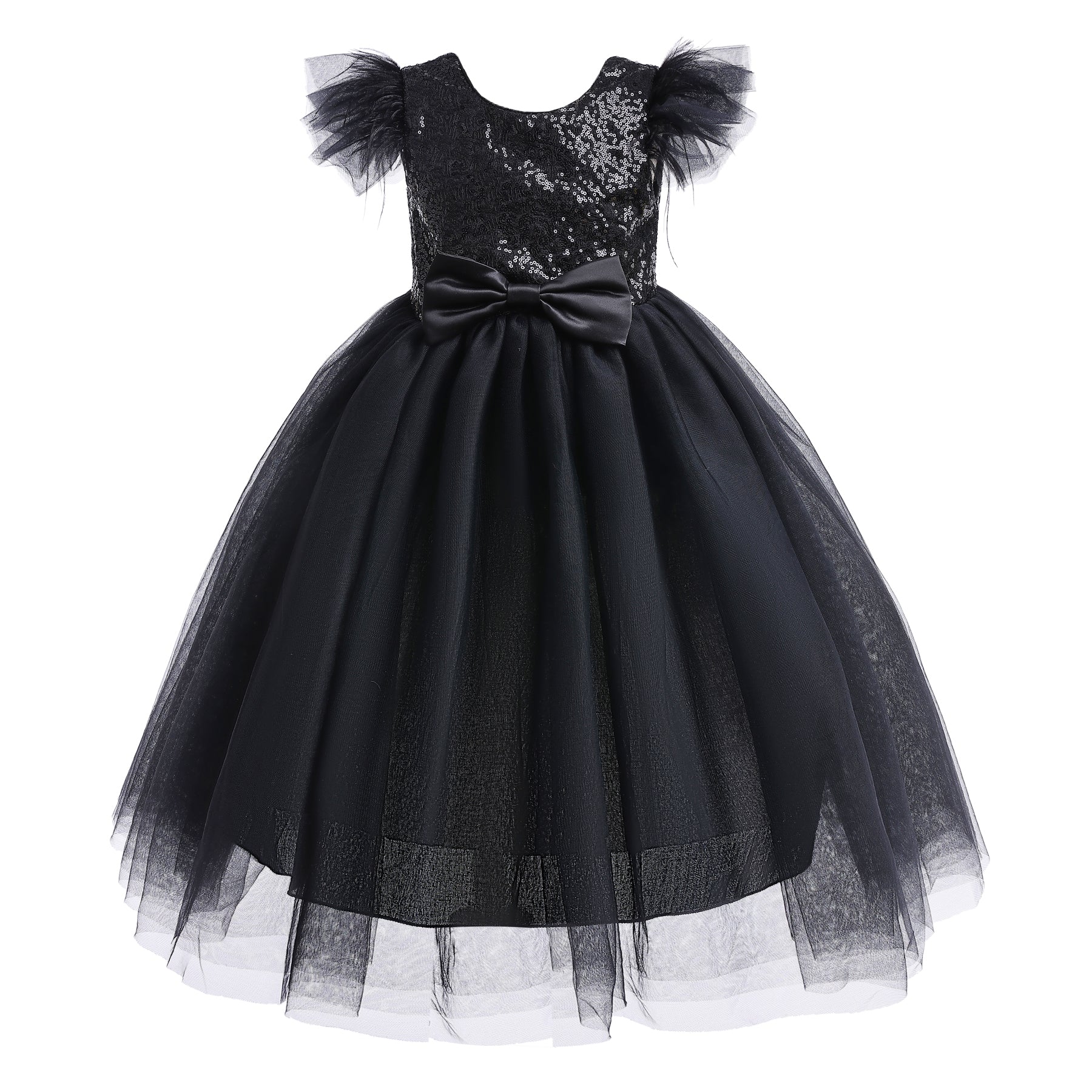 Black Embellished Round Neck Flutter Sleeves Fit & Flare Maxi Dress