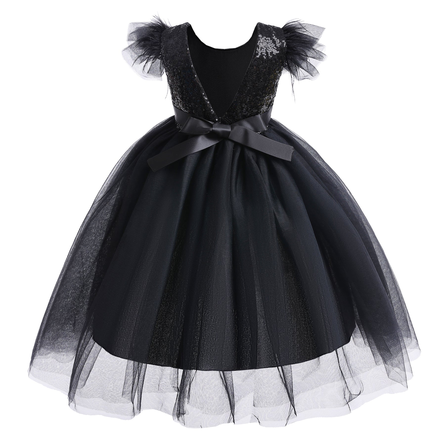 Black Embellished Round Neck Flutter Sleeves Fit & Flare Maxi Dress
