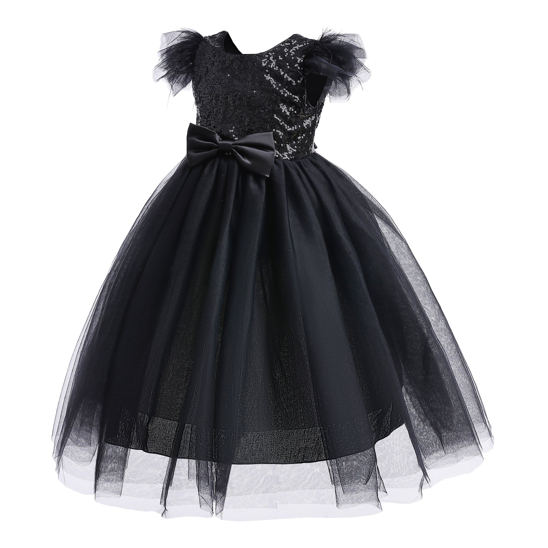 Black Embellished Round Neck Flutter Sleeves Fit & Flare Maxi Dress