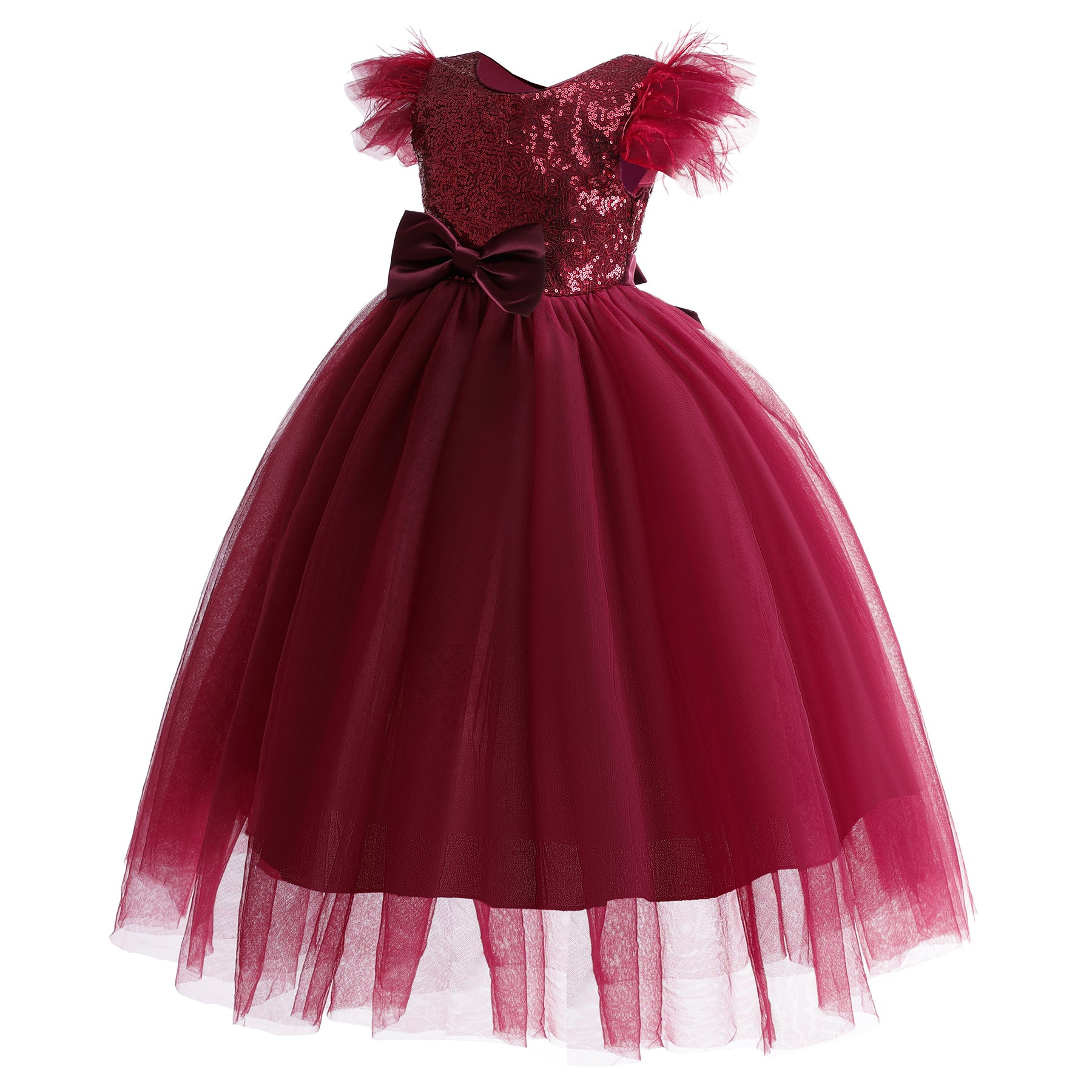Girls Red Embellished Bow Detailed Maxi Gown Dress