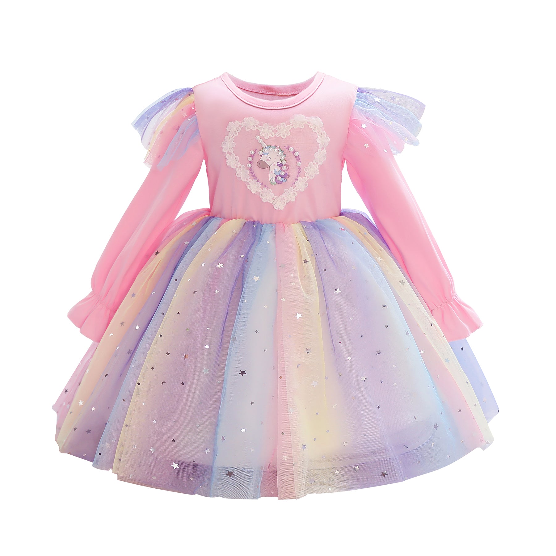 Girls Pink Embellished Ruffled Bell Sleeves Cotton Fit & Flare Dress